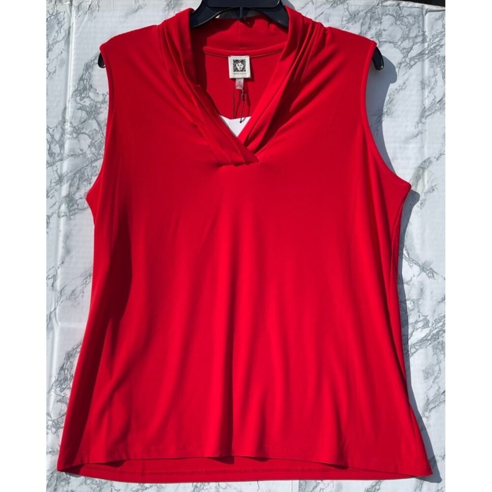 Anne Klein Red Sleeveless V-Neck Womens Top With Draped Collar Sz OX Flaws - Picture 2 of 11